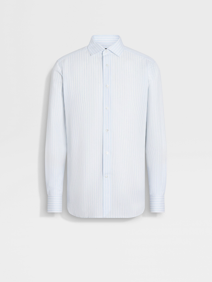 Camisa Centoventimila de algodón y lino con macrorayas blancas y celestes