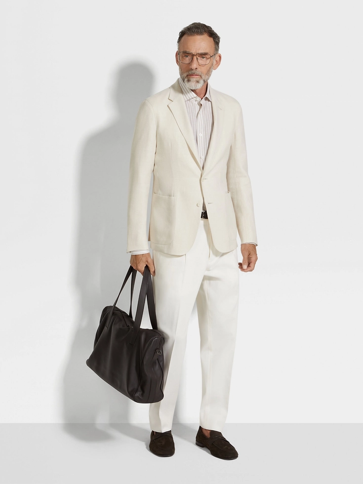 Camisa Centoventimila de algodón y lino con macrorayas en blanco y gris topo claro