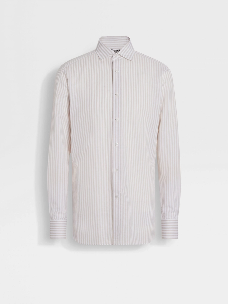 Camisa Centoventimila de algodón y lino con macrorayas en blanco y gris topo claro