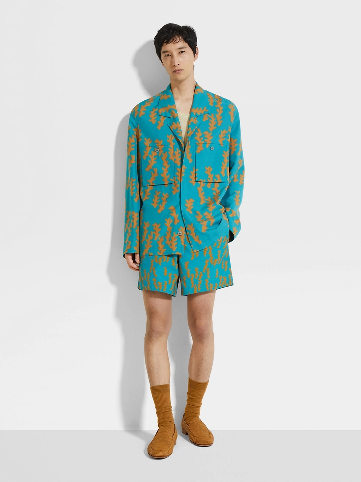 Camisa con estampado Oasi de seda en azul verdoso brillante y ocre