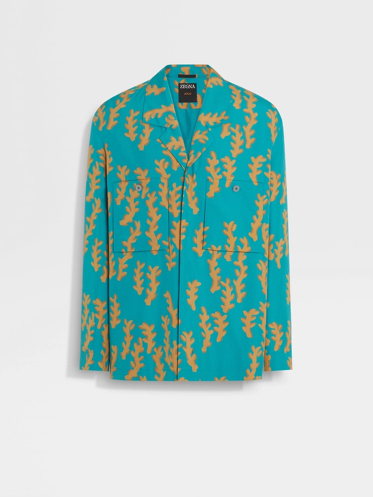 Camisa con estampado Oasi de seda en azul verdoso brillante y ocre