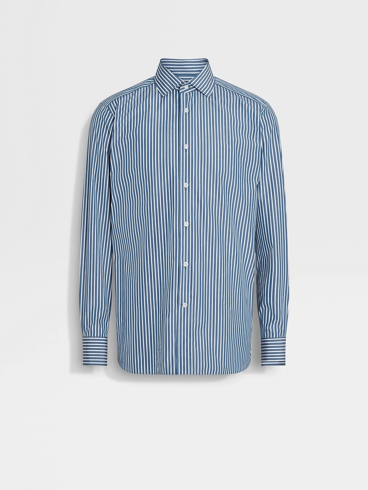 Camisa de algodón Centoventimila con macrorayas en azul verdoso oscuro y blanco