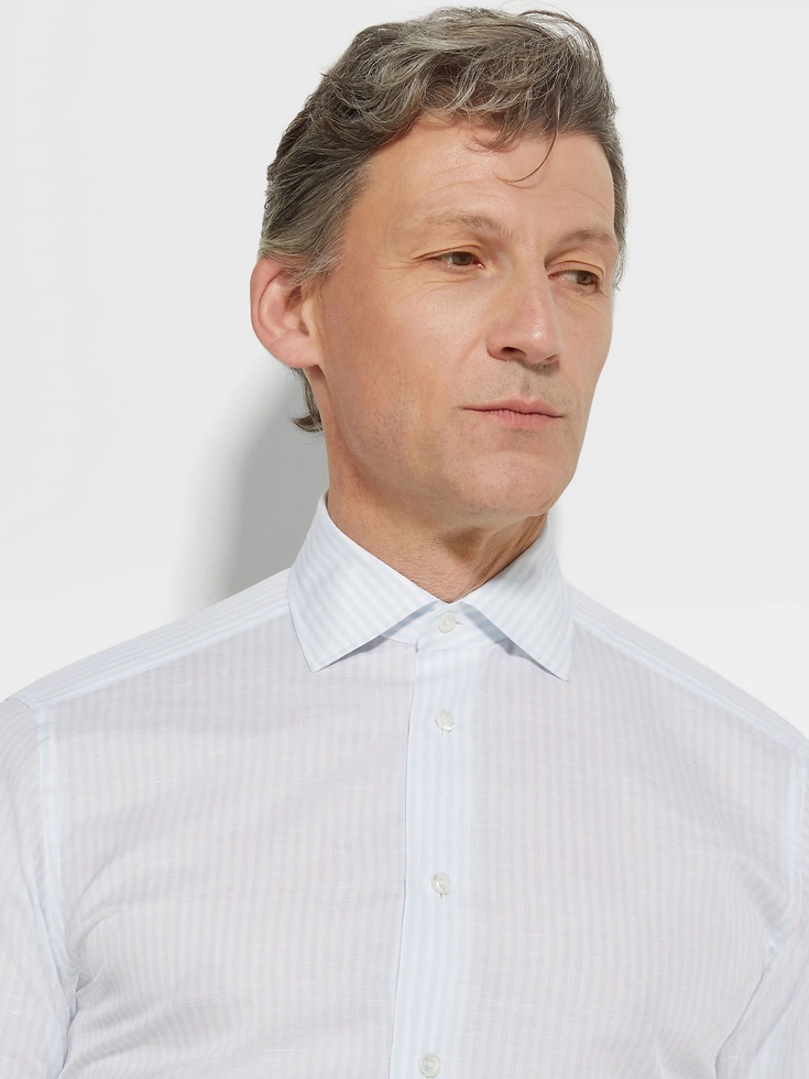 Camisa de algodón y lino Centoventimila de rayas celestes y blancas