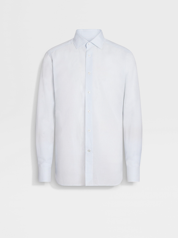 Camisa de algodón y lino Centoventimila de rayas celestes y blancas