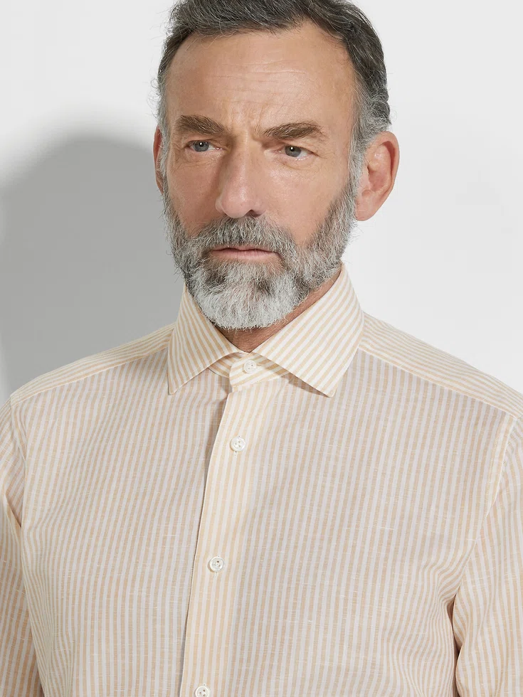 Camisa de algodón y lino Centoventimila de rayas ocres y blancas