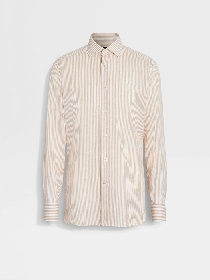 Camisa de algodón y lino Centoventimila de rayas ocres y blancas