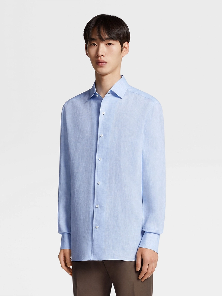 Camisa de manga larga de lino puro azul claro