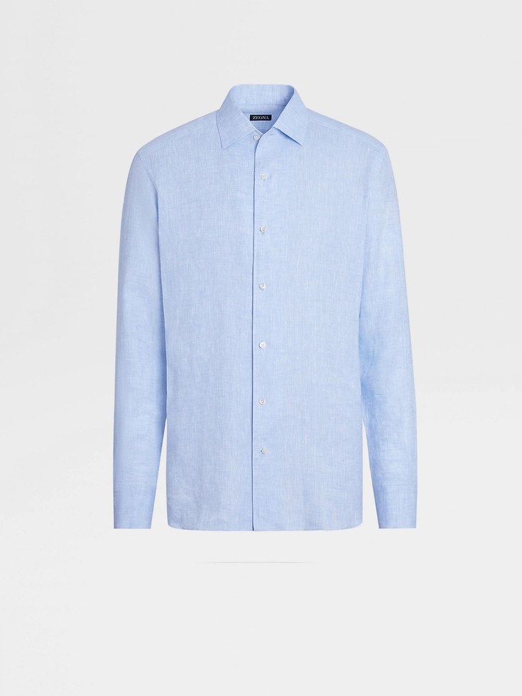 Camisa de manga larga de lino puro azul claro