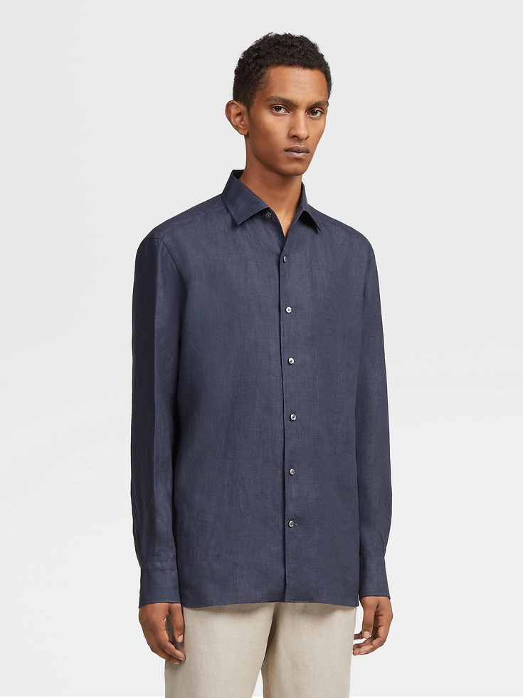 Camisa de manga larga de lino puro azul marino