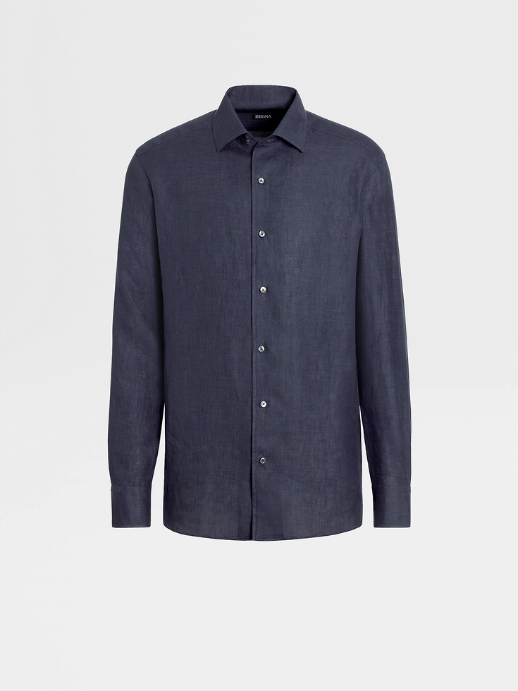 Camisa de manga larga de lino puro azul marino