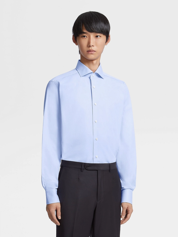 Camisa de sastrería de manga larga de algodón azul claro Sea Island
