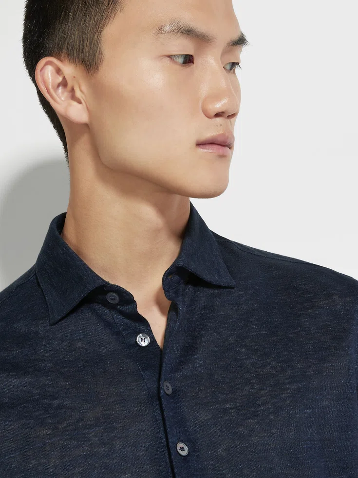 Camisa polo de lino azul marino