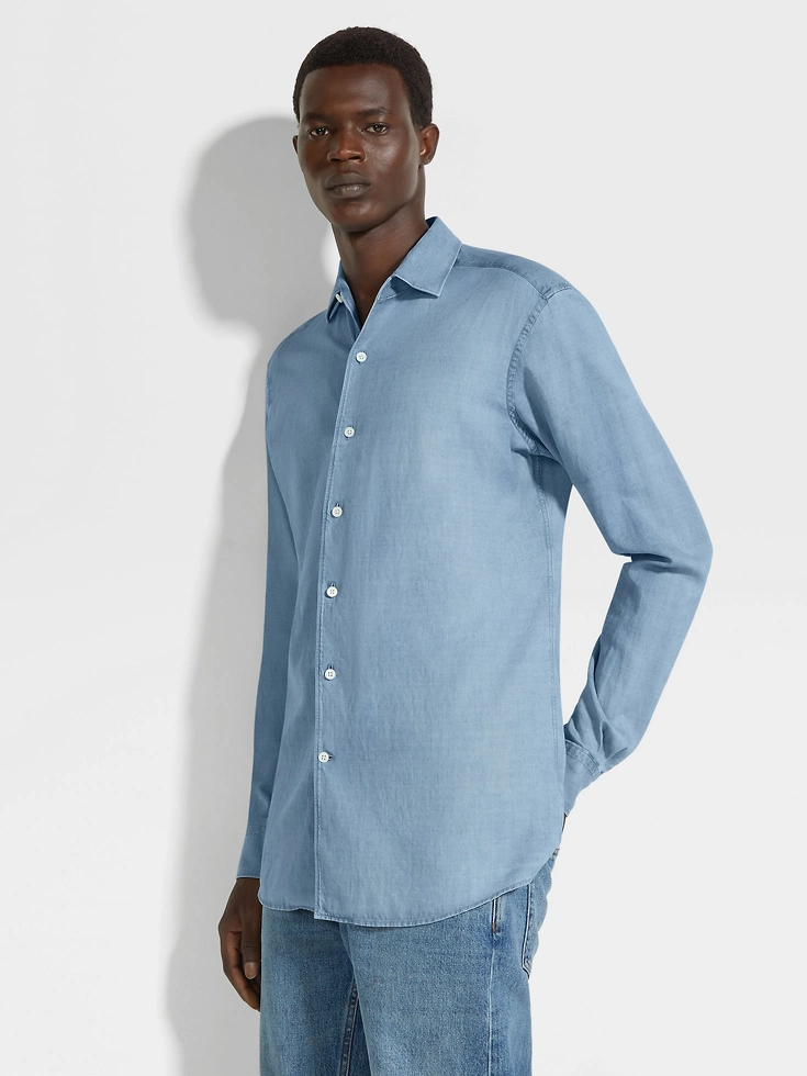 Camisa vaquera de algodón y lino blanqueado azul claro