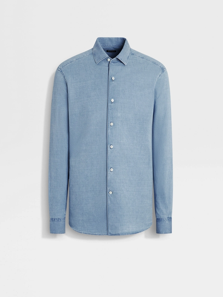 Camisa vaquera de algodón y lino blanqueado azul claro