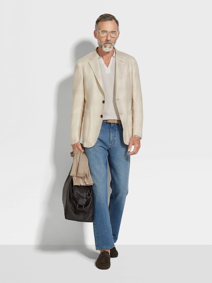Chaqueta de cachemira y seda en beige claro y gris topo claro