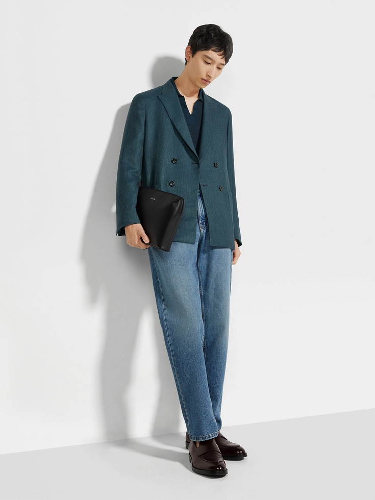 Chaqueta de lino y seda de cachemira azul verdoso