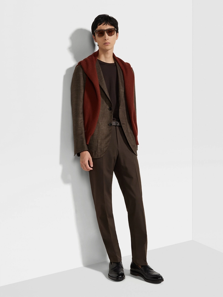 Chaqueta de seda y lino de cachemira marrón y marrón oscuro