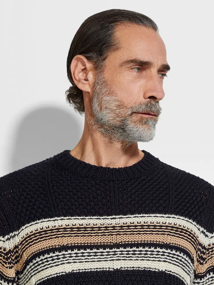Cuello redondo de algodón, seda y lino, azul marino, blanco y beige claro