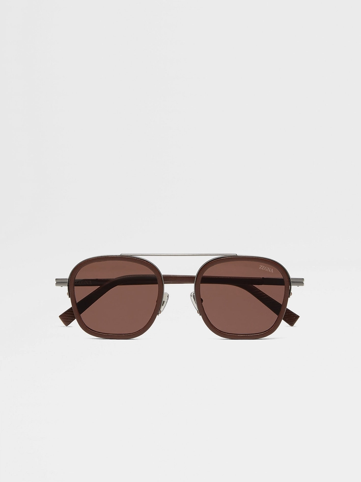 Gafas de sol Orizzonte I de acetato metálico y cuero en marrón oscuro