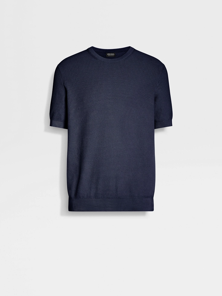 Jersey de cuello redondo de algodón premium azul tinta