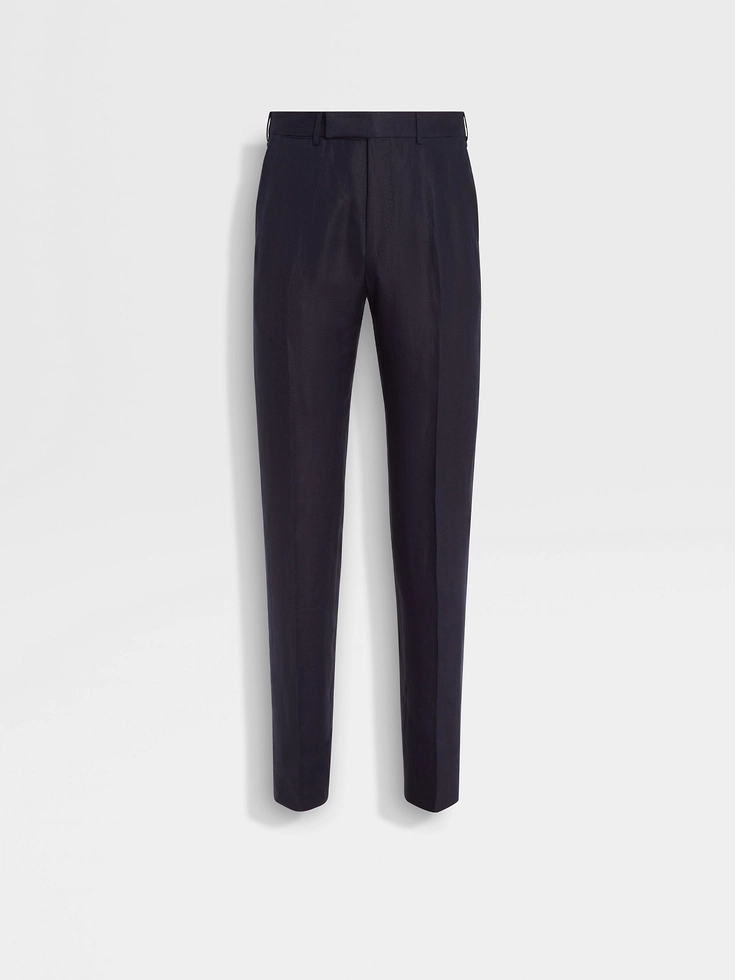 Pantalones azul marino Oasi Lino con flores azules