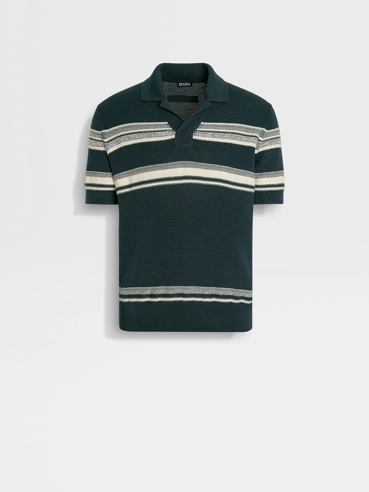 Polo de algodón y seda en azul verdoso oscuro, amarillo claro y blanco