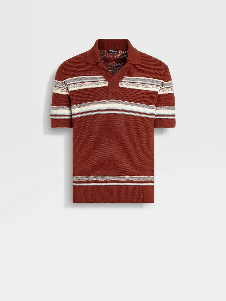 Polo de algodón y seda en color rojo ladrillo, azul claro y blanco
