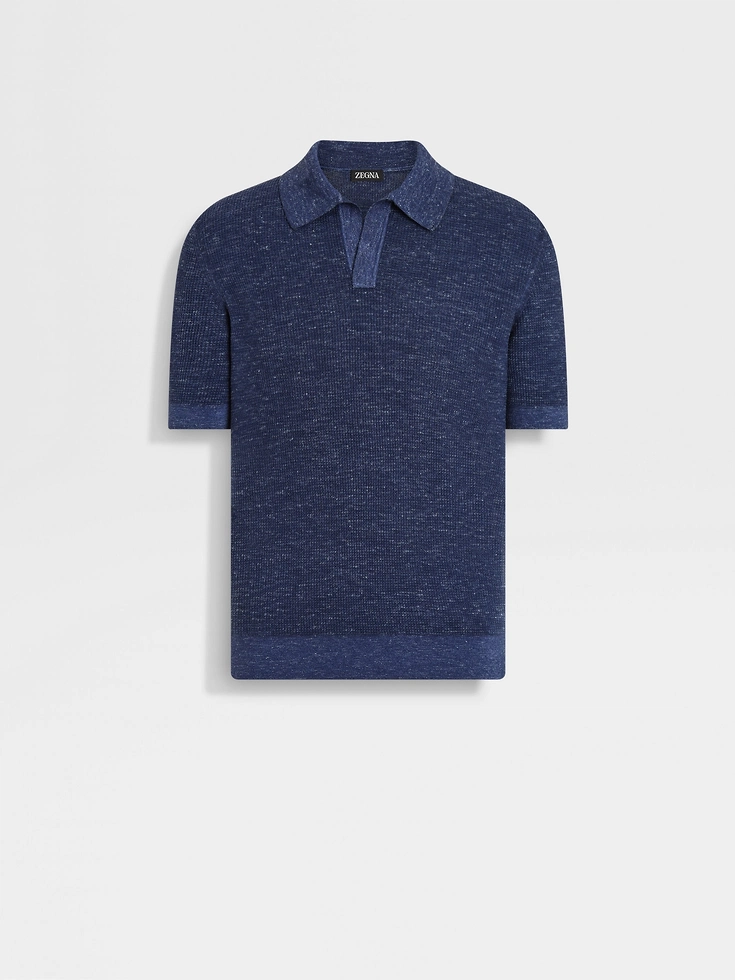 Polo de seda, cachemira y lino jaspeado en azul tinta