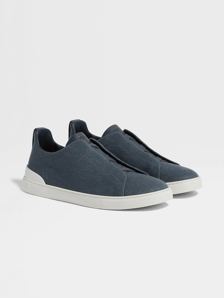 Zapatillas deportivas de algodón, lino y cuero con triple costura™ en azul verdoso oscuro