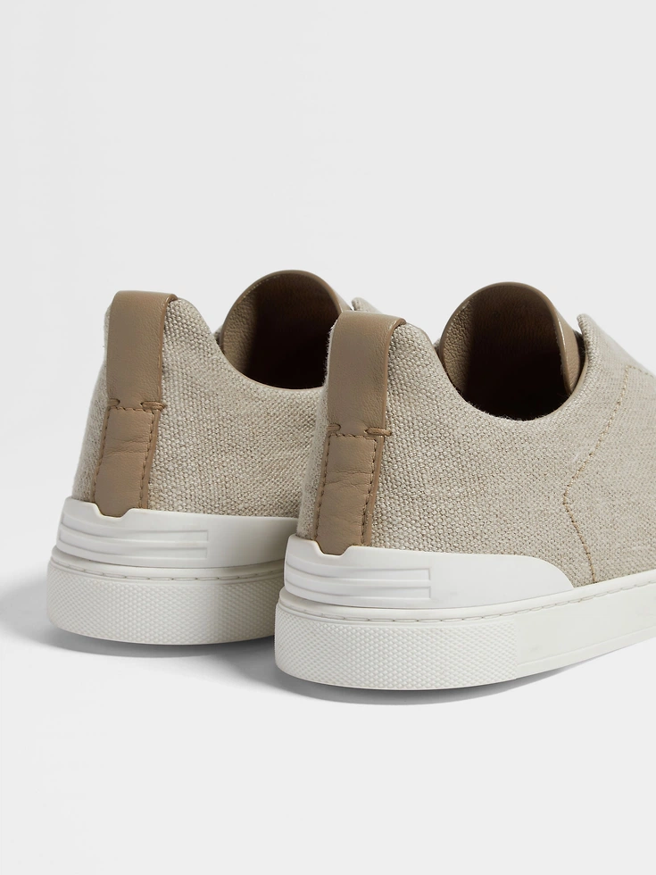 Zapatillas deportivas de algodón, lino y cuero en beige claro con triple costura™