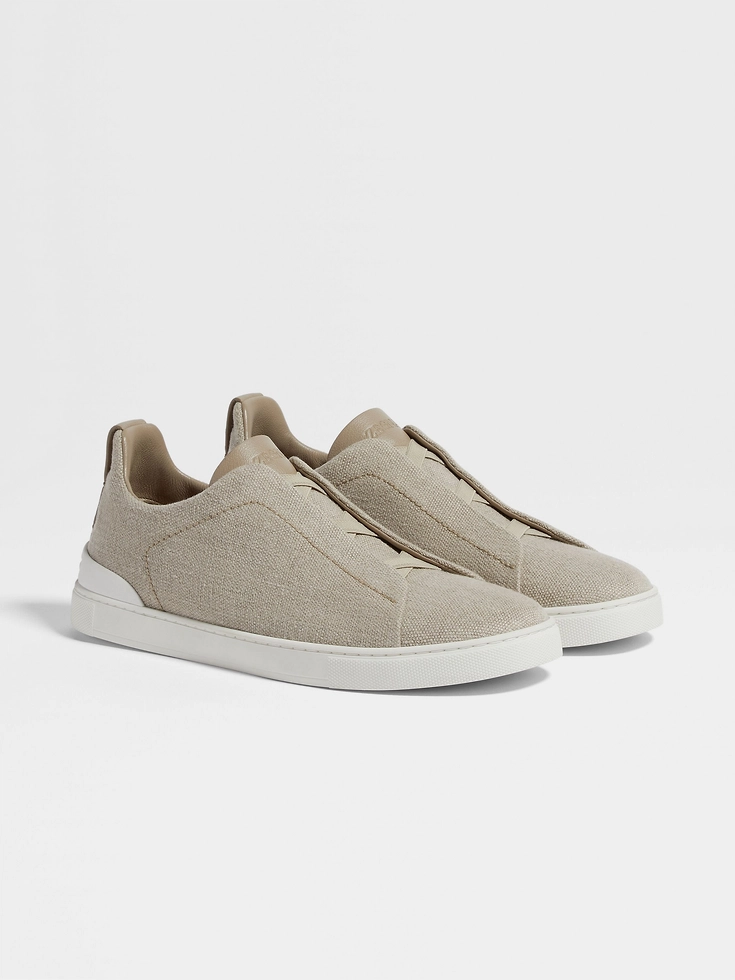 Zapatillas deportivas de algodón, lino y cuero en beige claro con triple costura™